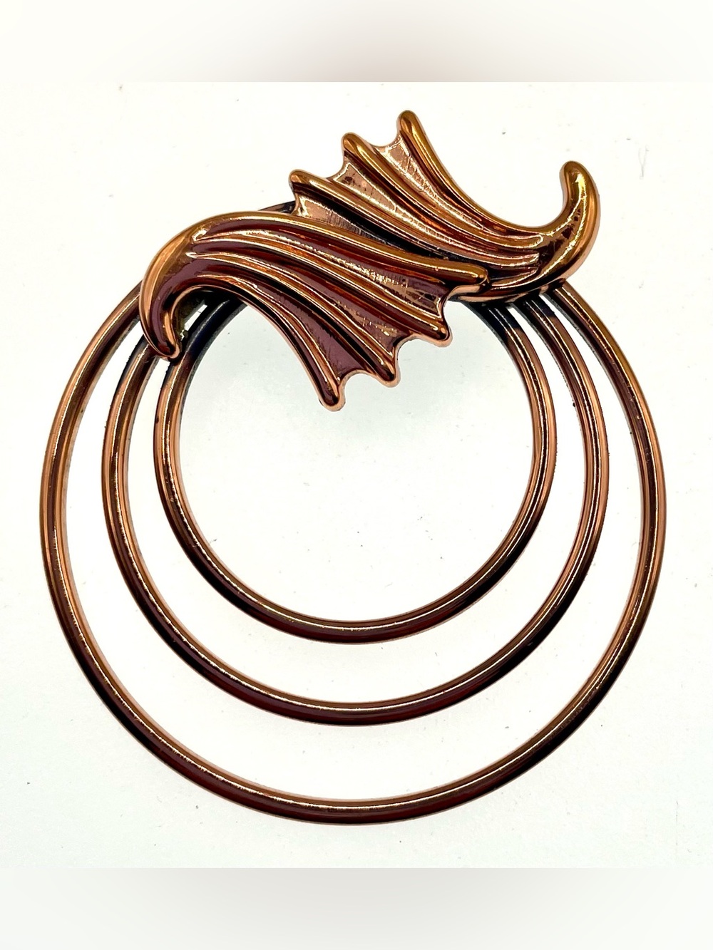 Vintage Renoir Copper Brooch Mid Century Modern Triple Hoop Abstract Leaf Design